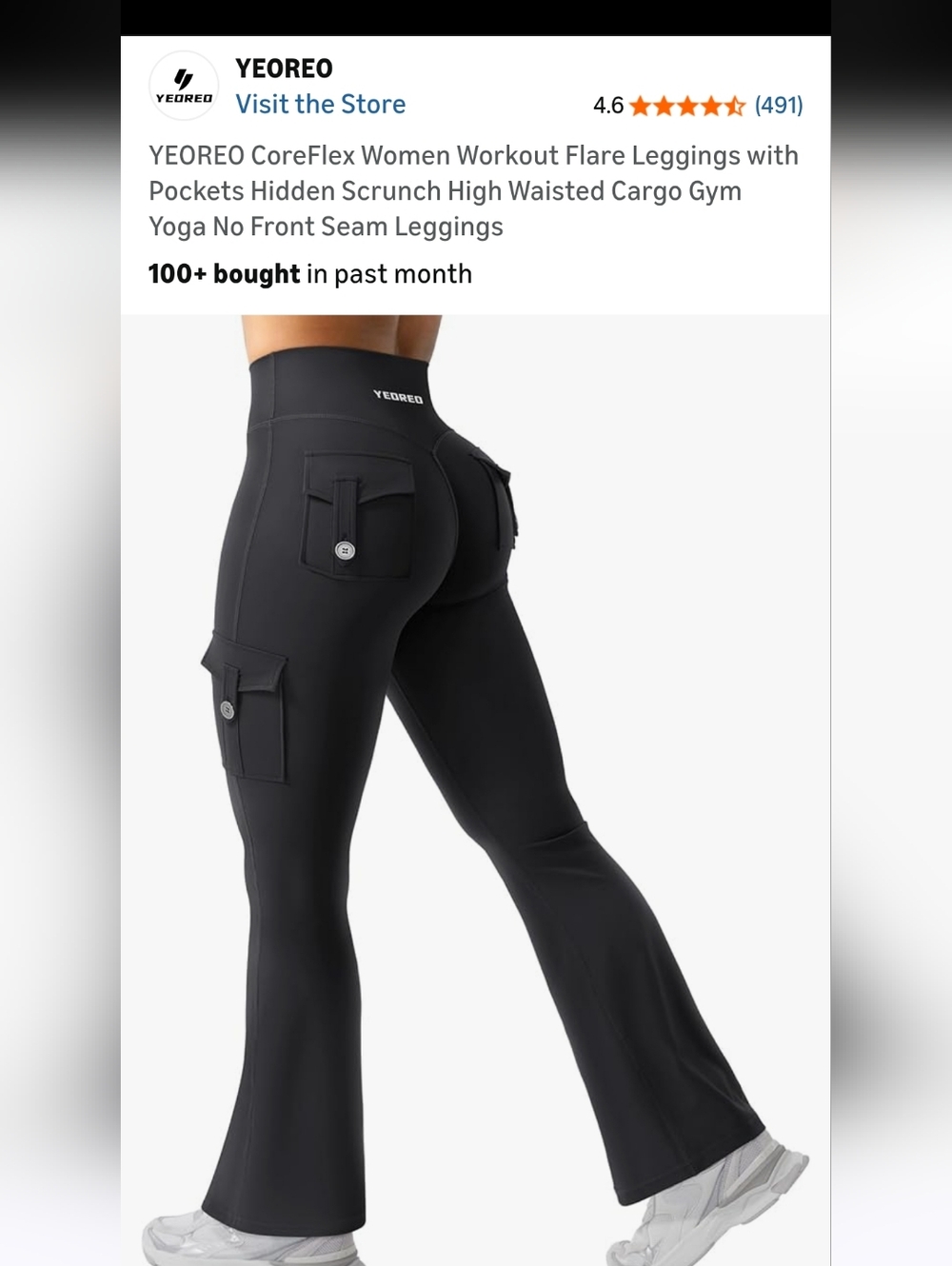 YEOREO Black High-Waist Cargo Flare Leggings with Pockets Sz M